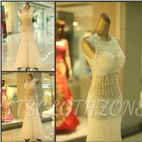 Stunning Mermaid Sexy 2022 Evening Gowns Crystal Floor Length Sleeveless Beading Prom Dresses