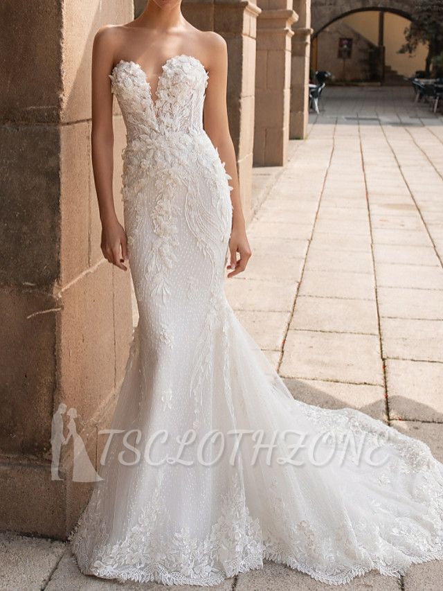 Mermaid Wedding Dress Sweetheart Lace Strapless Bridal Gowns Mordern Sparkle & Shine with Court Train