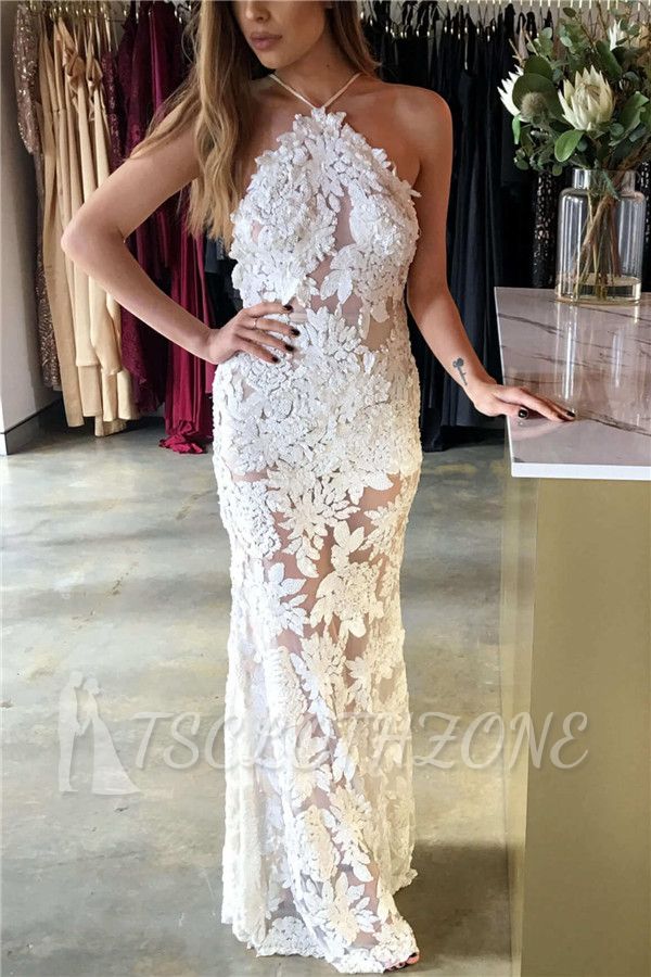 2022 Spaghetti Straps Open Back Sexy Evening Dress Lace Appliques Sheer Formal Dress