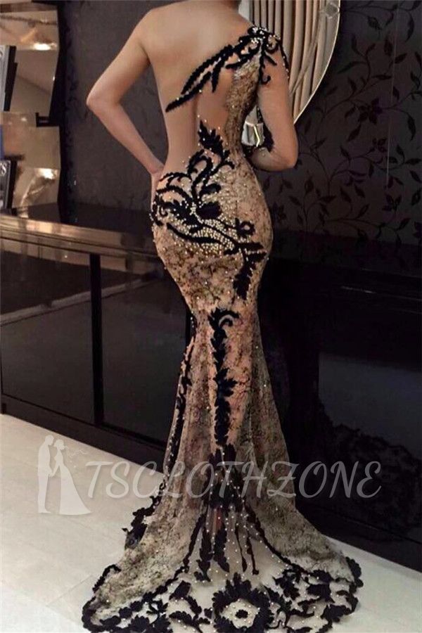 One-Shoulder-Sleeveless Sexy Lace Prom Kleider Günstige | Abendkleider mit schwarzen Applikationen und Perlenapplikationen 2022