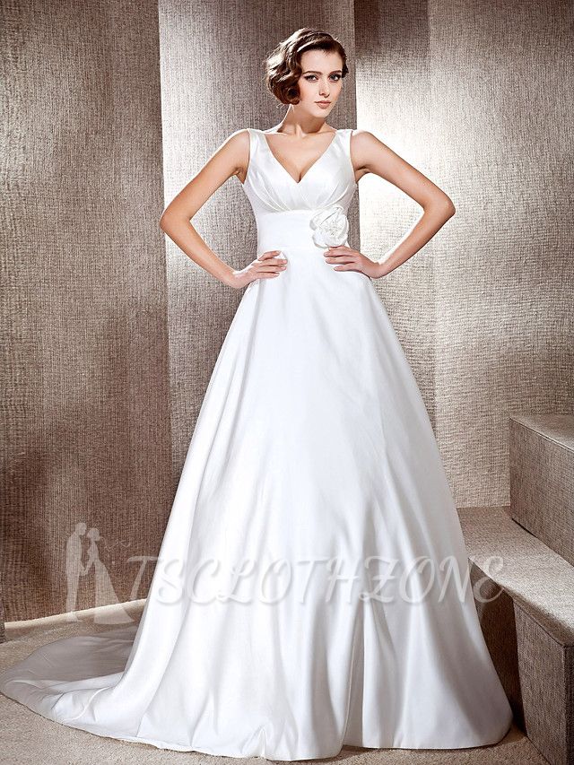 Affordable Princess A-Line Wedding Dress V-neck Satin Sleeveless Bridal Gownswith Cathedral Train