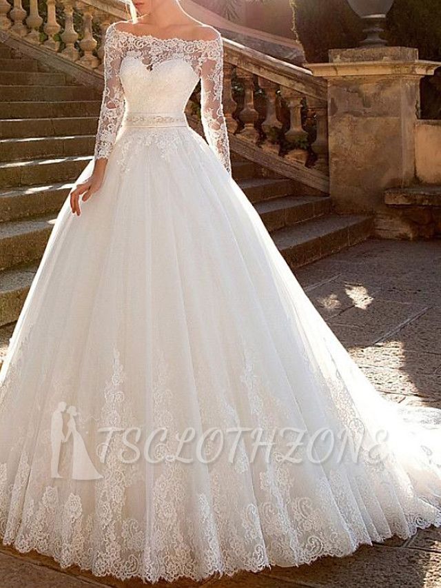 Ball Gown A-Line Wedding Dresses Off Shoulder Lace Tulle Long Sleeve Bridal Gowns Formal See-Through Court Train