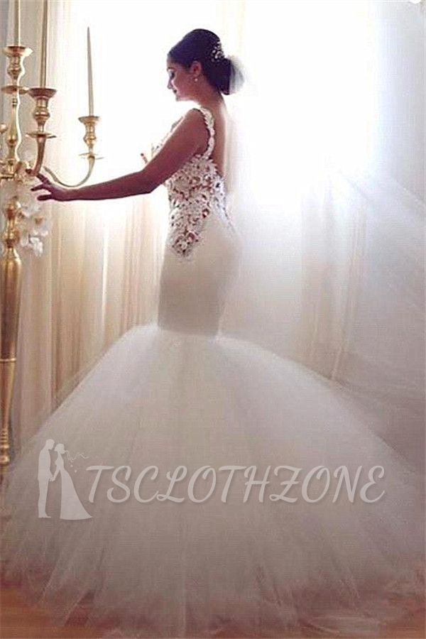 Lace Mermaid Tulle Wedding Gowns Open Back Sleeveless Sexy Bride Dresses Online