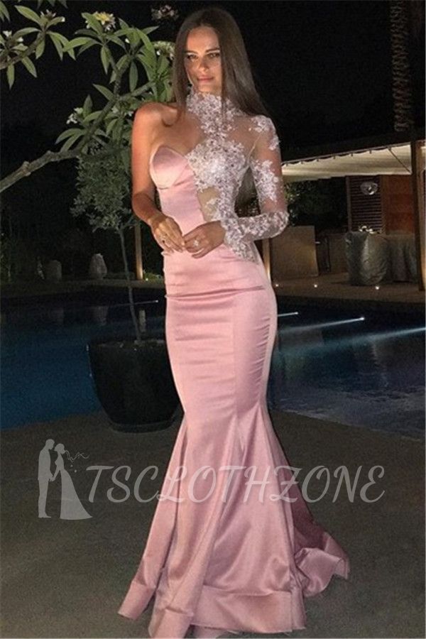 Hochgeschlossenes One-Sleeve-Abschlussballkleid 2022 Pink Mermaid Lace Appliques Abendkleid