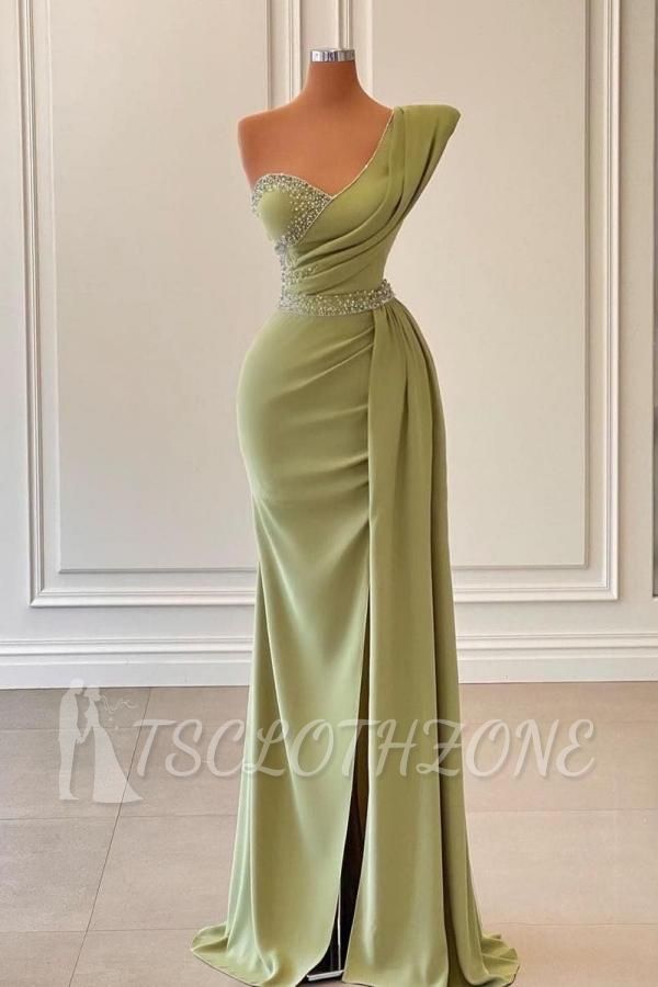 One-shoulder long beaded evening dress｜Side slit ball gown with cape