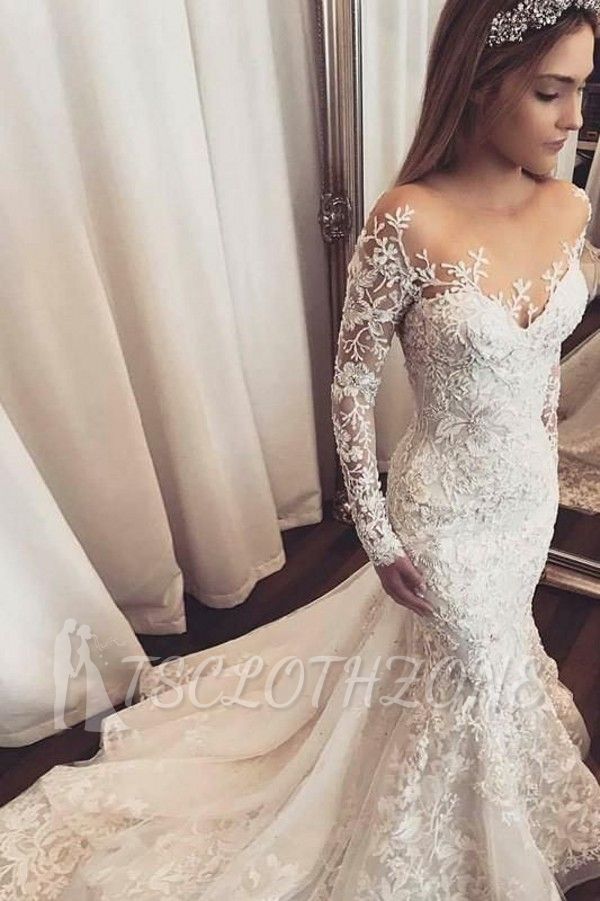 Gorgeous 3D floral Lace Mermaid Bridal Gown with Sweep Train