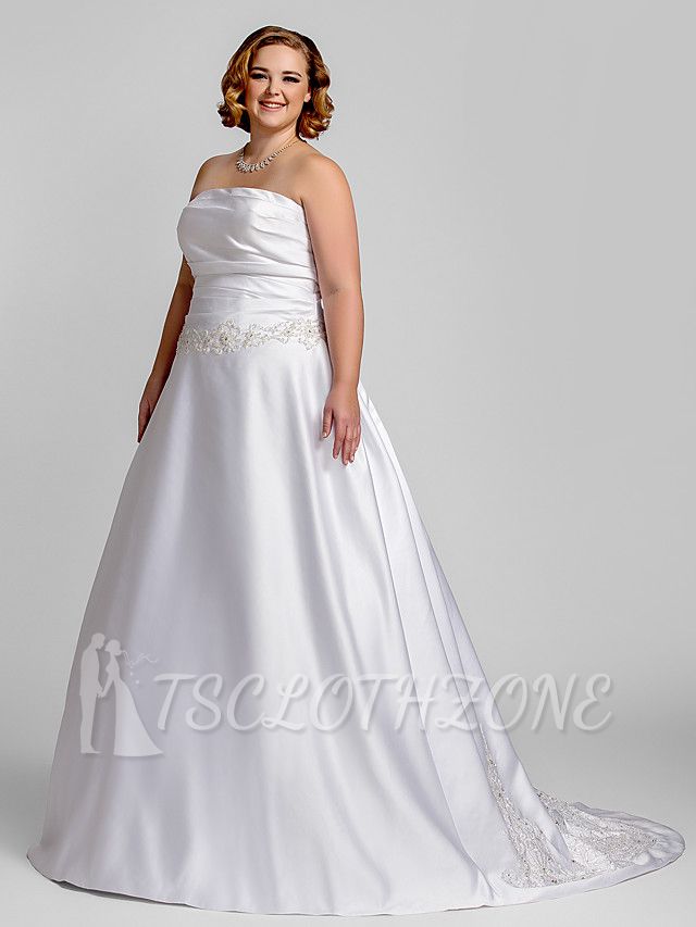 A-Line Wedding Dress Strapless Satin Strapless Bridal Gowns Romantic Illusion Detail Court Train