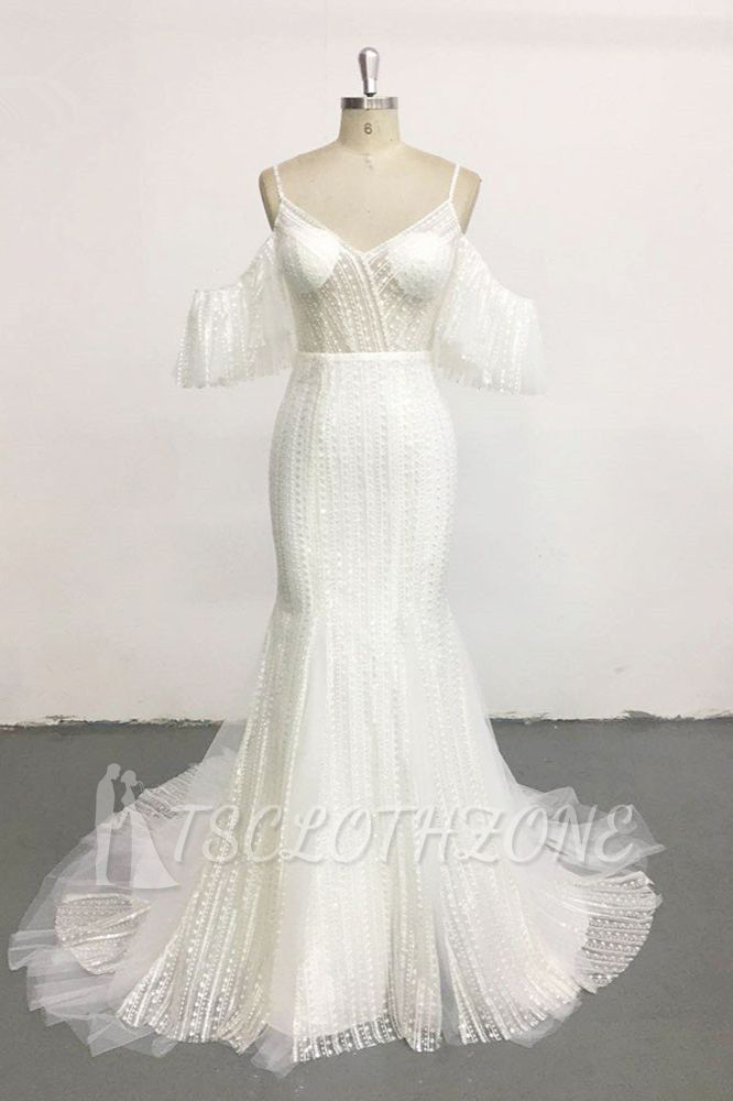 TsClothzone Stylish Sleeveless V-Neck Ivory Wedding Dresses Spaghetti Straps Pearls Bridal Gowns On Sale