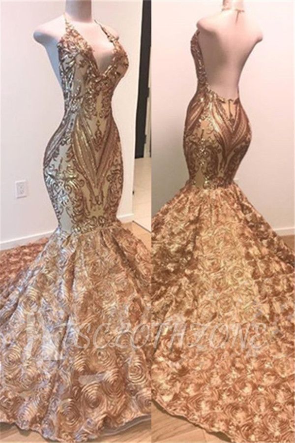Glamouröses Gold Pailletten Ärmelloses Abendkleid | Glänzende Meerjungfrau-Abendkleider mit Blumenunterseite