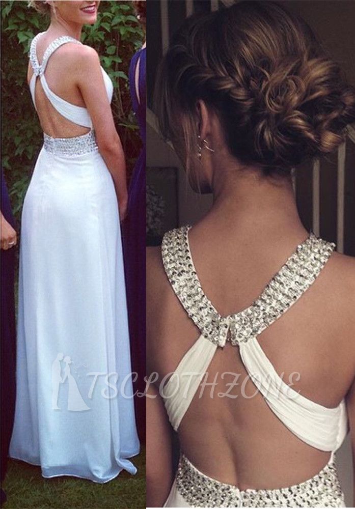 Crystal White Halter A-Line Prom Dress with Beadings Crossed Chiffon Long Dresses for Women
