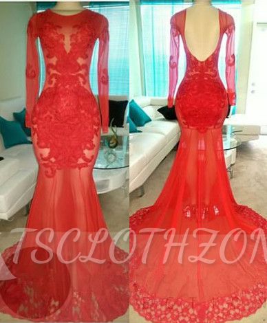 Red Long Sleeves Backless Prom Dresses Cheap | 2022 Tulle Appliques Evening Dresses