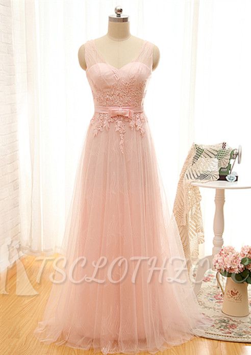 Cute Pink Tulle Long Prom Dress Formal Bowknot V-Neck Floor Length Formal Occasion Dresses