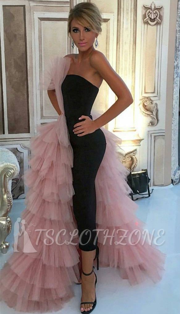 Black Straight Bodycon Evening Dress Overskirt Pink Tulle Tiered Ruffles Formal Dress 2022