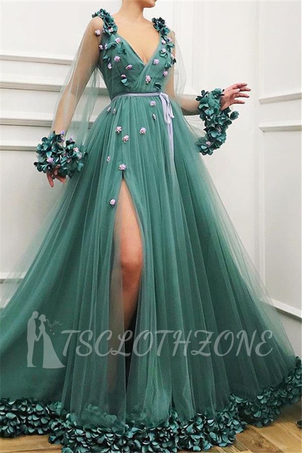Gorgeous Green Long-Sleeves Tulle Side-Slit A-Line Prom Dress