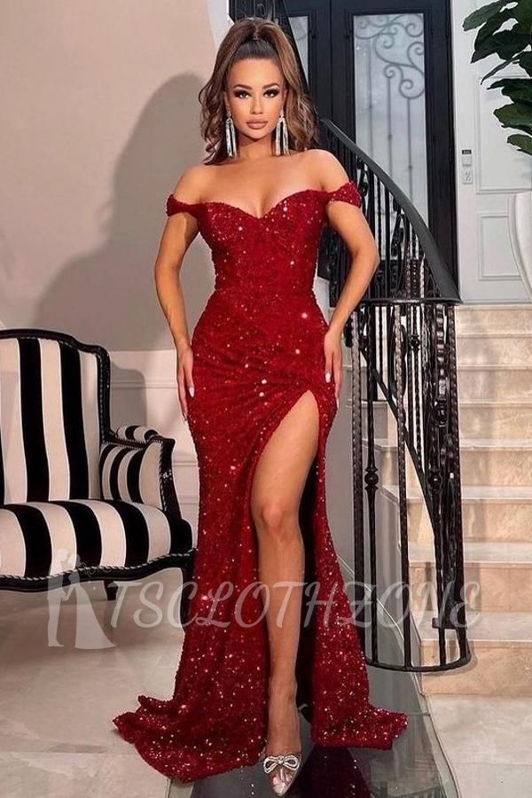 Sparkly Red Long Prom Dresses Mermaid Evening Gowns