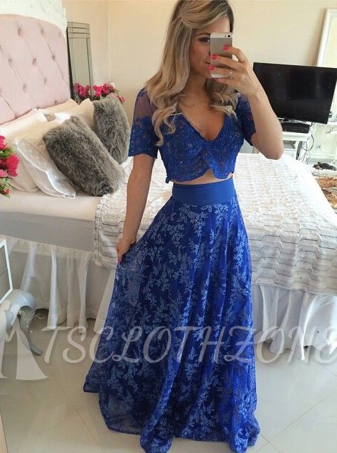 Blue Short Sleeve Two Pieces Prom Dress V-Neck Lace Floor Length Formal Occasion Dress