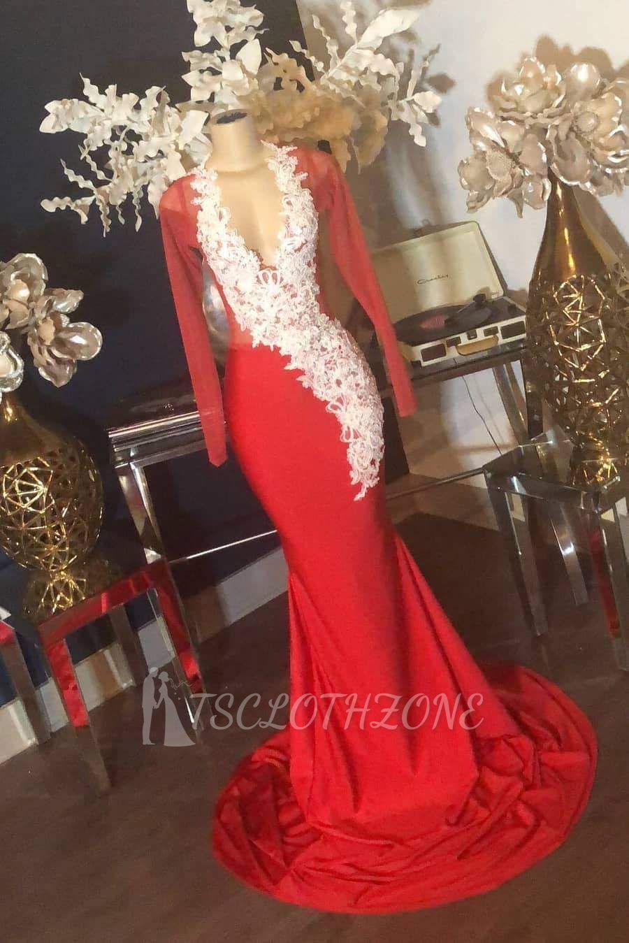 Spitze Appliques Langarm Illusion Ausschnitt Red Mermaid Prom Kleider