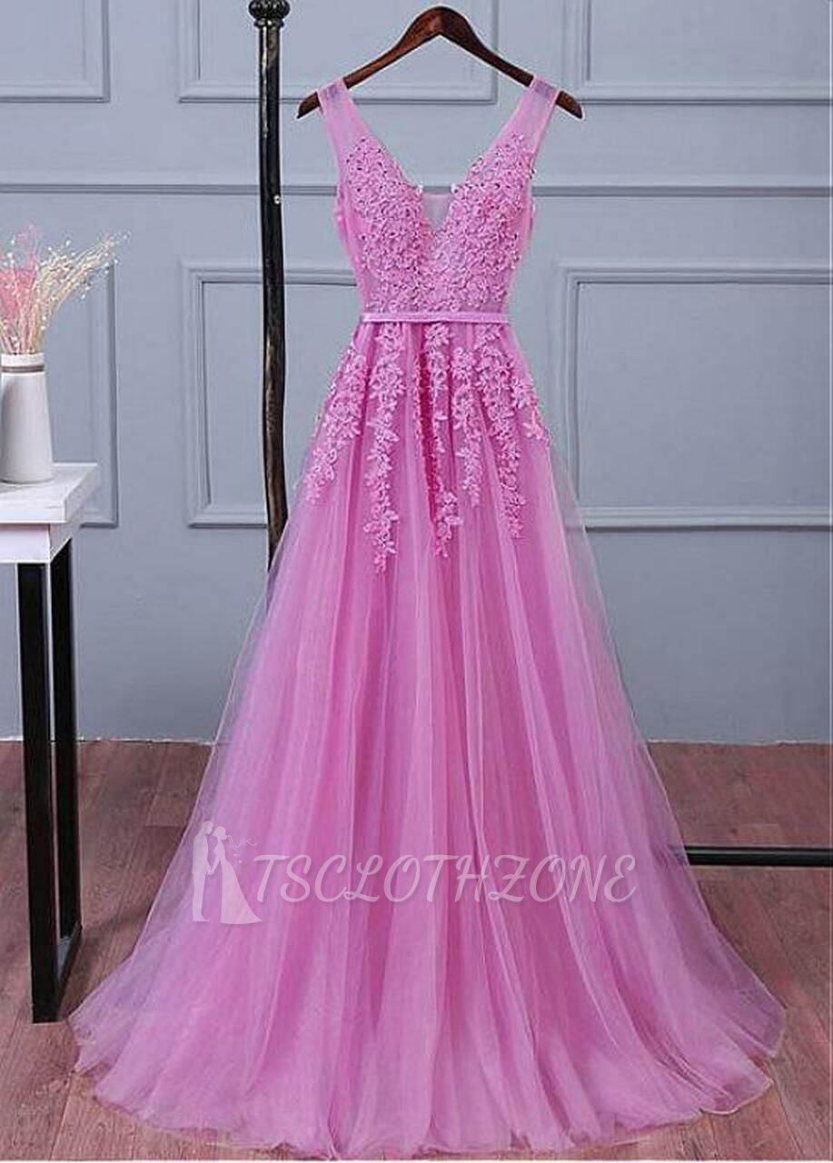 Pinkes Brautjungfernkleid in A-Linie mit V-Ausschnitt und perlenbesetzter Spitze
