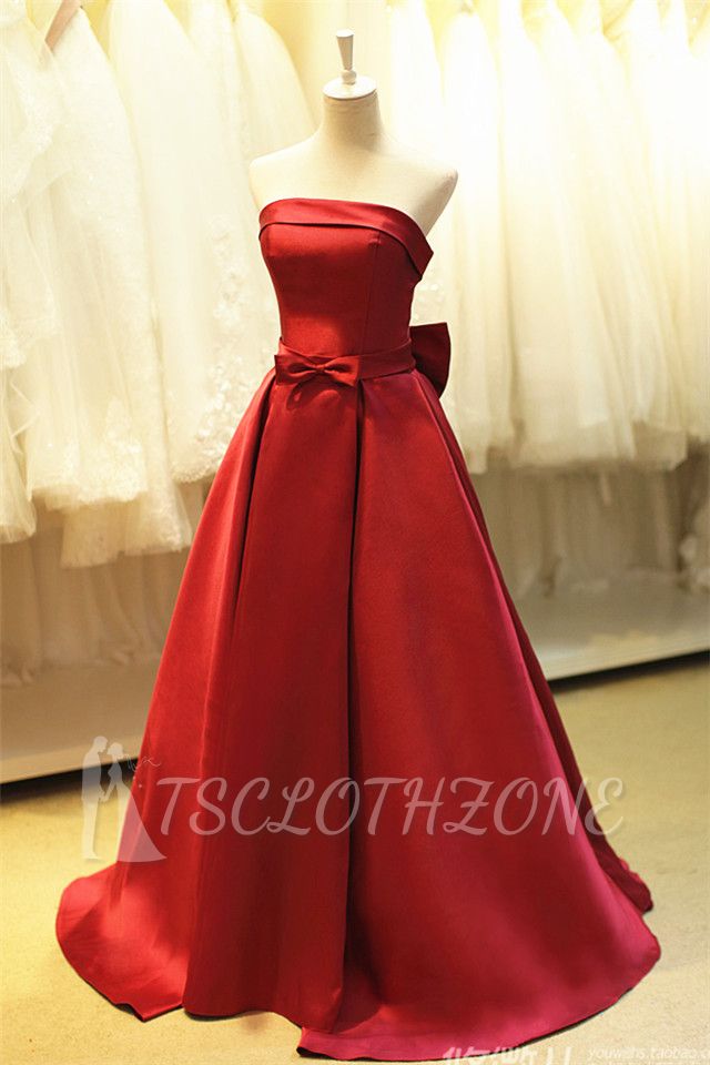 Elegant Strapless Red Satin Long Prom Dresses for Juniors Affordable Fitted Simple Lace-up Evening Dreses with Bowknot B