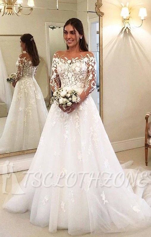 Off the shoulder long sleeves Floor length Lace Wedding Dress