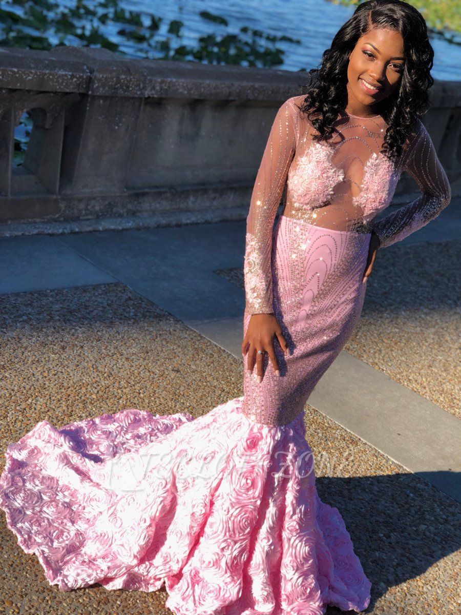 Langarm Durchsichtige Perlen Pink Ballkleider | 2022 Sexy Blumen Meerjungfrau Glänzendes Abendkleid