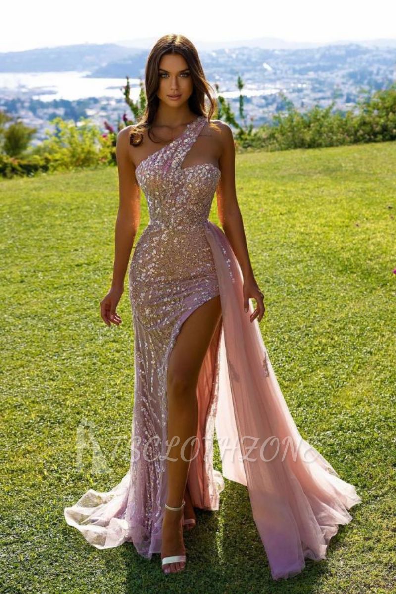 Shiny One-Shoulder Sequined Mermaid Ball Gown with Detachable Side Tail