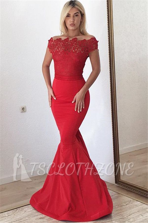 Red Lace Mermaid Prom Dresses Online | 2022 Off Shoulder Floor Length Evening Dress