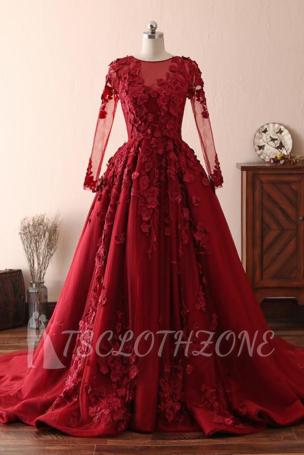 Stunning Red 3D Floral Appliques Aline Evening Party Dress