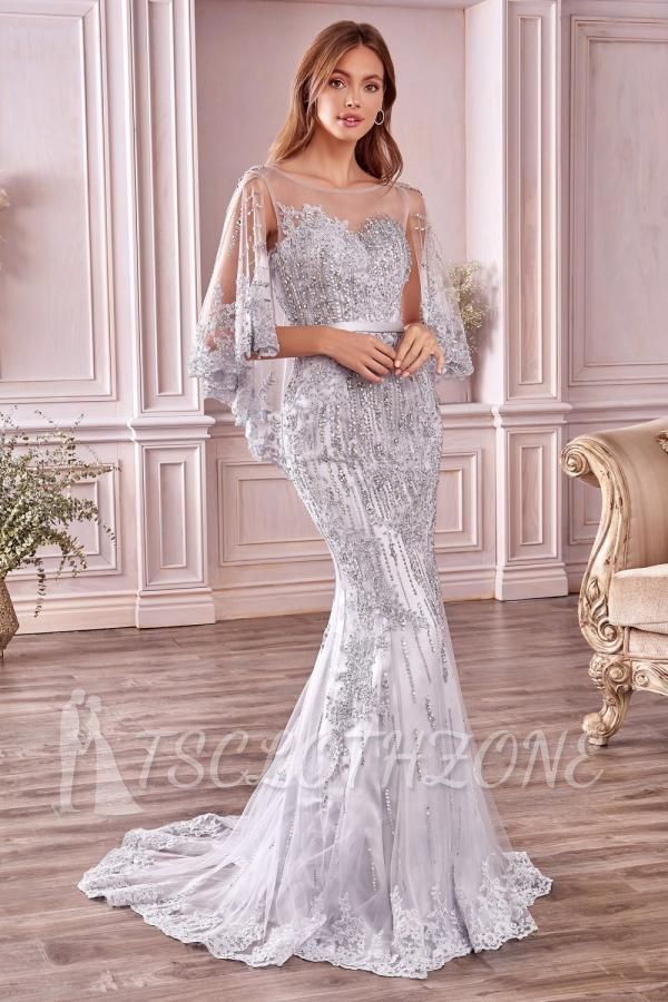 Charming Sleveless Sequins Mermard Evening Gown with Sleeve Cape