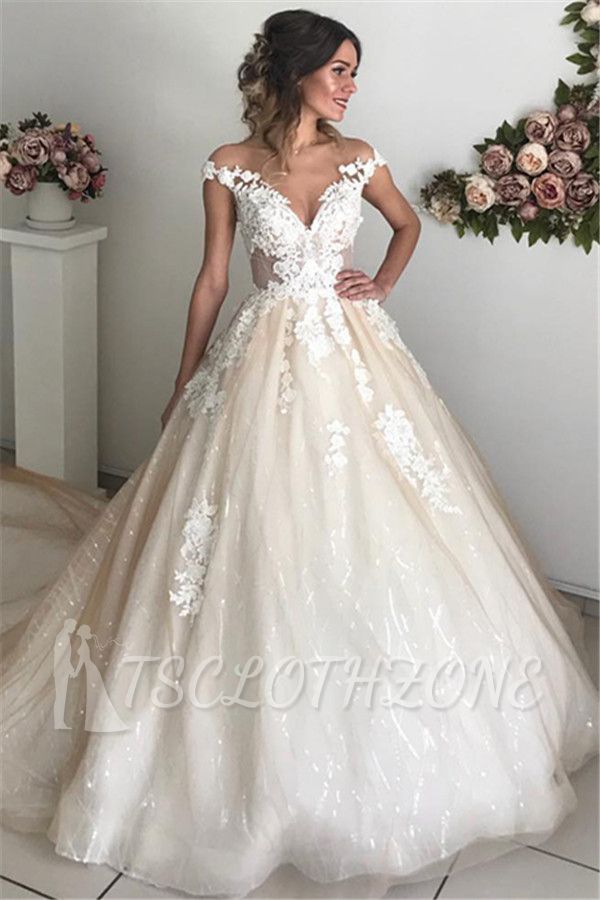 Glamorous Off-the-Shoulder Lace Appliques Wedding Dresses | 2022 Ivory Bridal Ball Gowns with Buttons