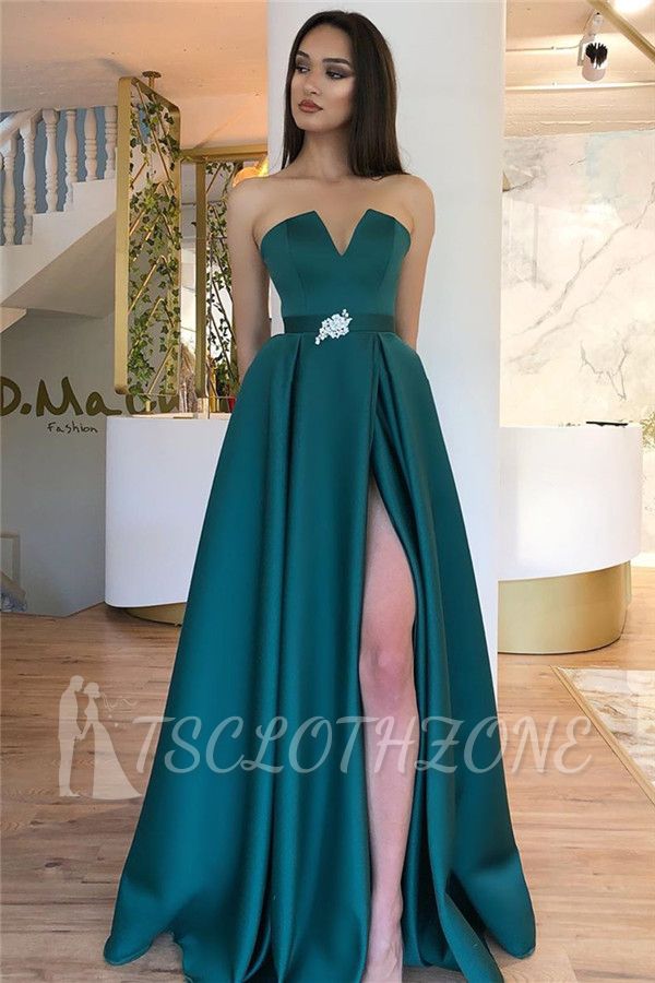 A-line Strapless Backless Floor Length Evening Dress | Sexy Side Slit Party Dresses