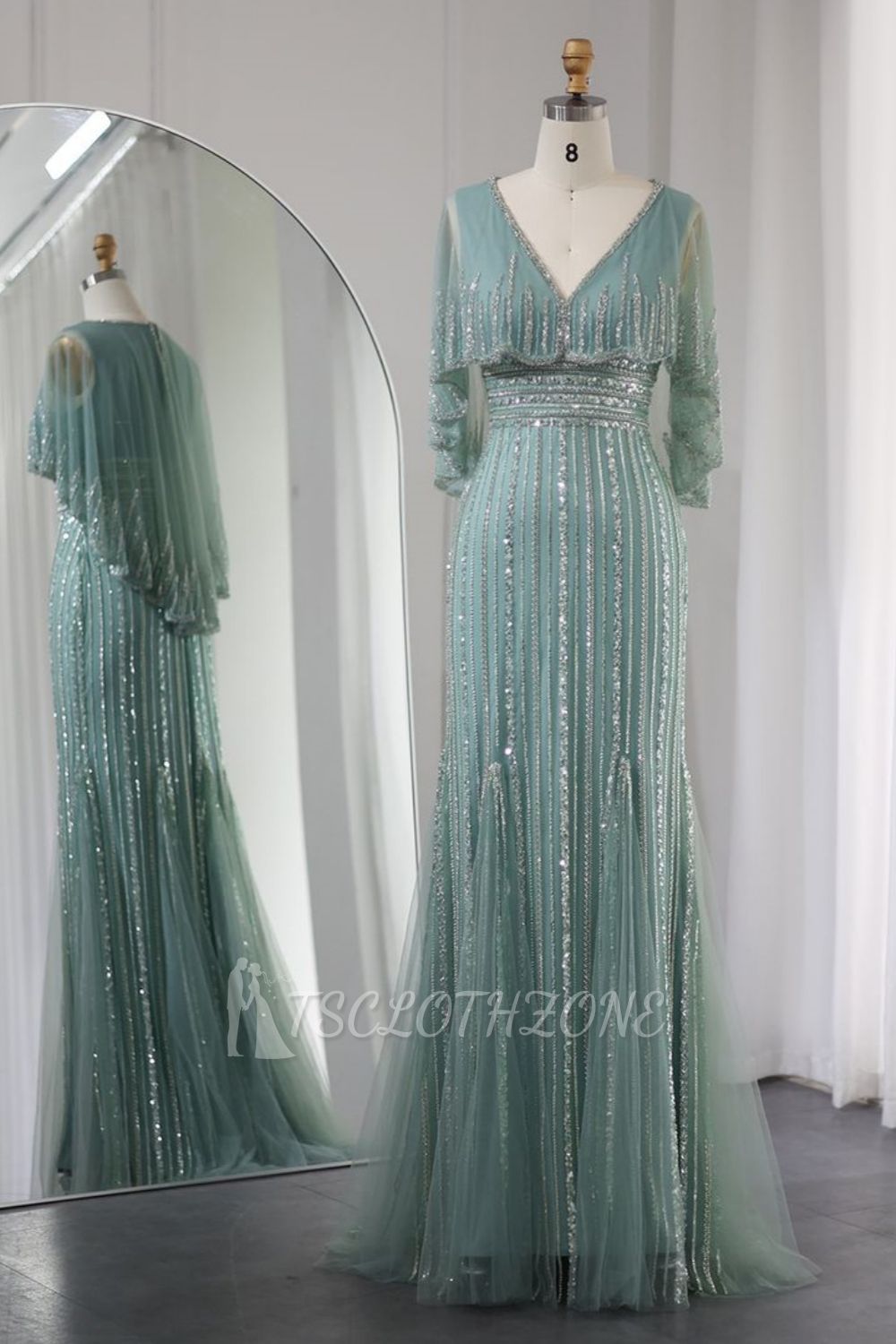 Luxuriöse glitzernde Pailletten, ärmellose lange Meerjungfrau-Abendkleider mit abnehmbarem Schal