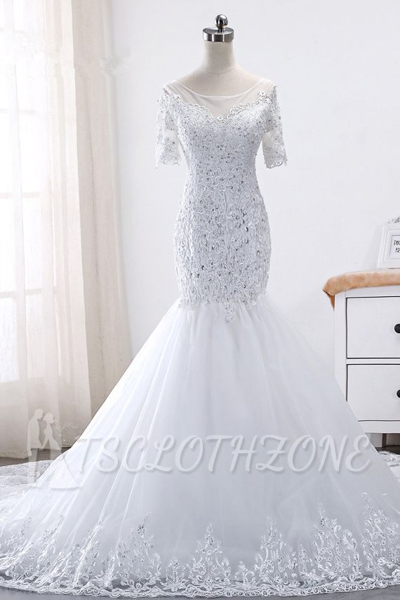 TsClothzone Glamorous Jewel Tulle Lace Wedding Dress Mermaid Short Sleeves Beading Bridal Gowns Online