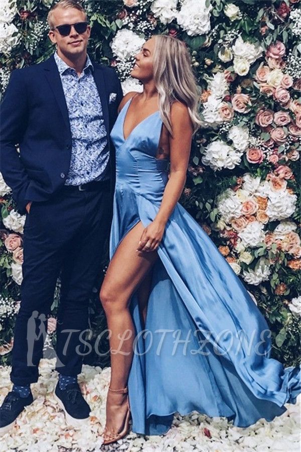 Ärmelloses blaues Abendkleid mit offenem Rücken Günstige | Sexy Seitenschlitz 2022 Abendkleider