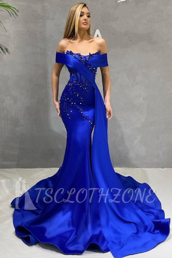 Trendy Off the shoulder royal blue long sleeves prom dress