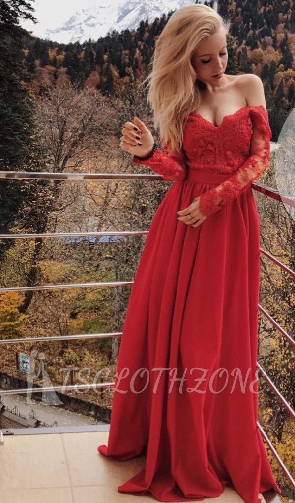 Sexy schulterfreie Ballkleider 2022 Langarm-rote Spitze Günstiges formelles Abendkleid