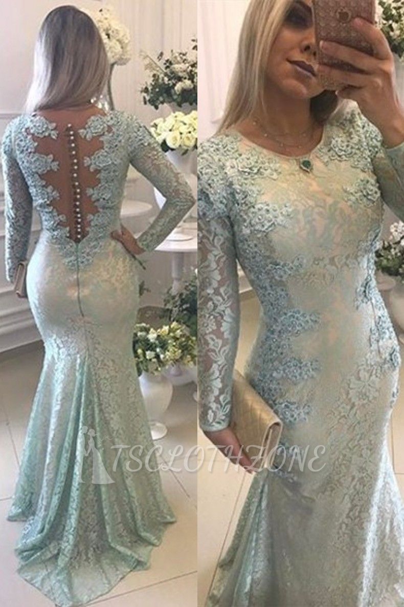 2022 Elegante Spitze mit langen Ärmeln Ballkleider Mermaid Buttons Abendkleider