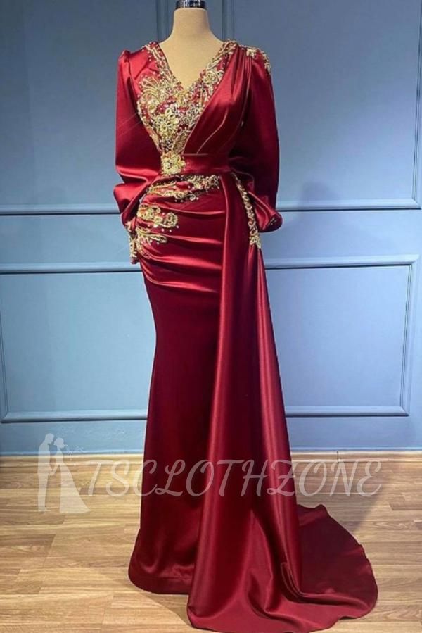 Elegantes langes rotes Abendkleid mit Ärmeln | Kristall-Abschlussballkleid mit V-Ausschnitt