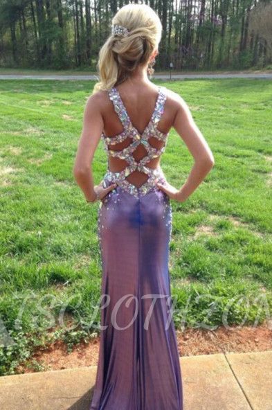 Backless Prom Dress 2022 Purple Crystals V-neck Long Evening Dress