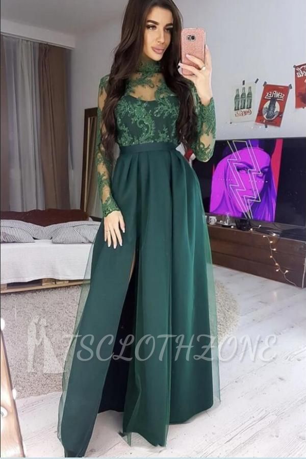 High Neck Long Sleeves Green Evening Dress with Side Split Appliques