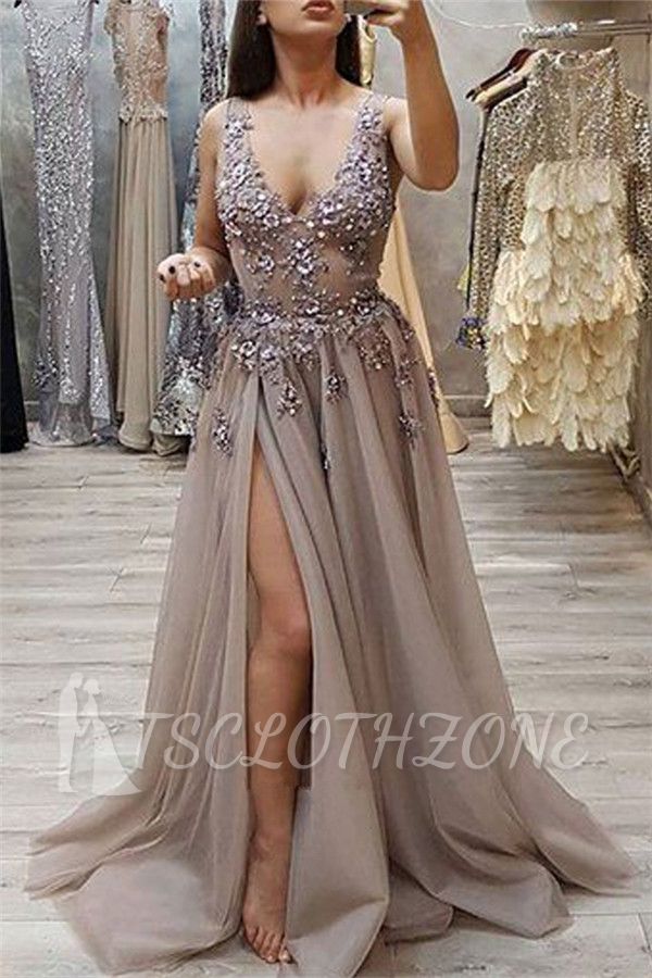 Sexy V-Neck Sleeveless Prom Dresses 2022 | Cheap Lace Split Long Evening Dresses