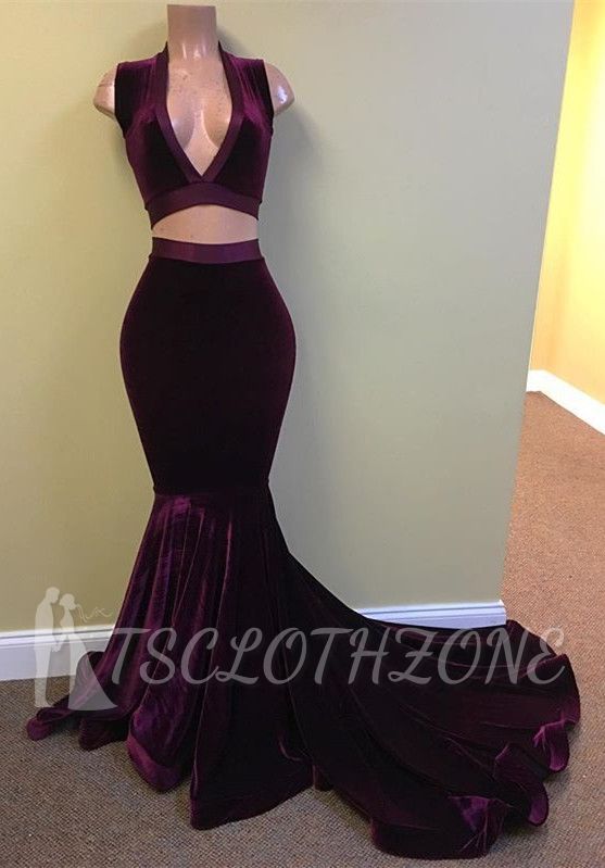 Mermaid Grape Stunning Two-Pieces V-Neck Velvet Prom Dress