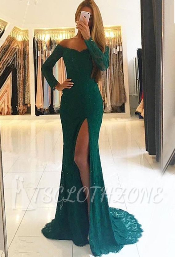 2022 Elegant Side-Slit Lace Off-the-Shoulder Long-Sleeves Green Prom Dresses