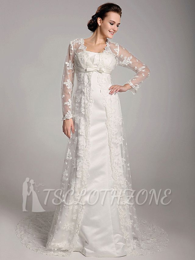 StylishSheath Wedding Dress Square Lace Satin Long Sleeve Bridal Gowns with Sweep Train
