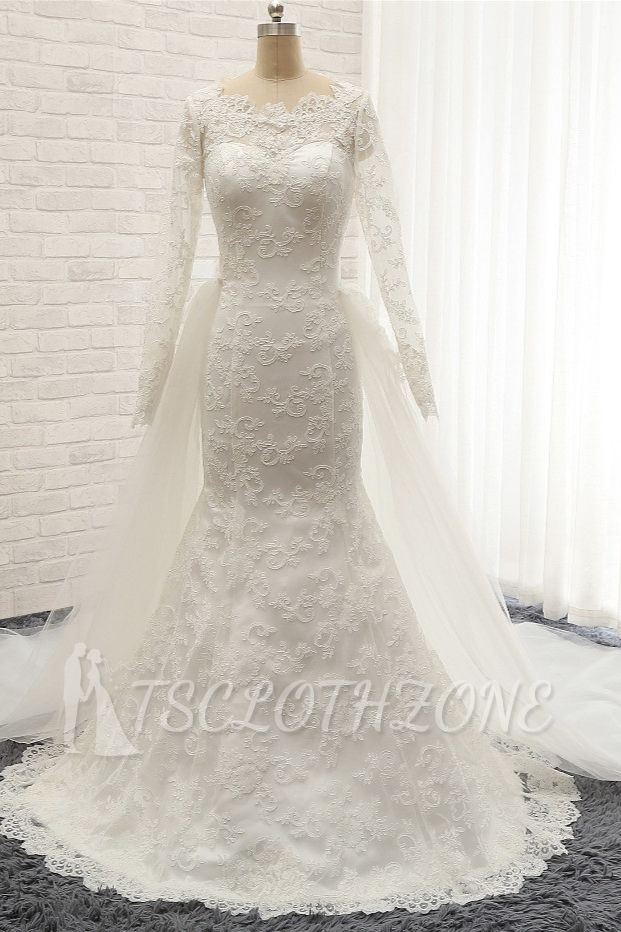 TsClothzone Chic White Satin Mermaid Wedding Dresses Jewel Longsleeves With Appliques On Sale