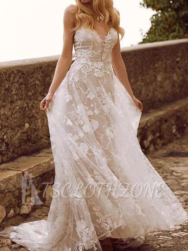 Country Plus Size A-Line Wedding Dress V-neck Lace Tulle Sleeveless Sexy See-Through Bridal Gowns with Sweep Train