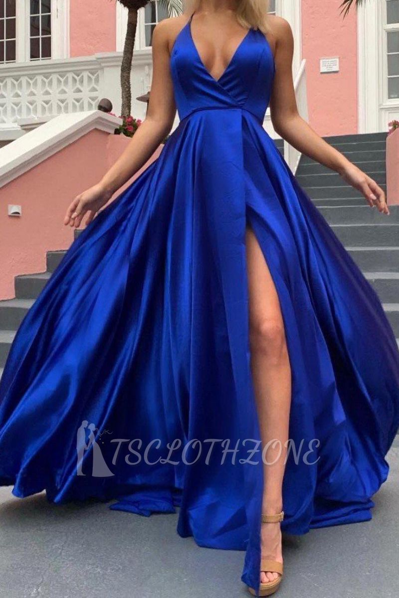 Spaghettibügel Glänzendes königsblaues Ballkleid mit hohem Split | Sexy Prinzessin Abendkleid mit V-Ausschnitt online