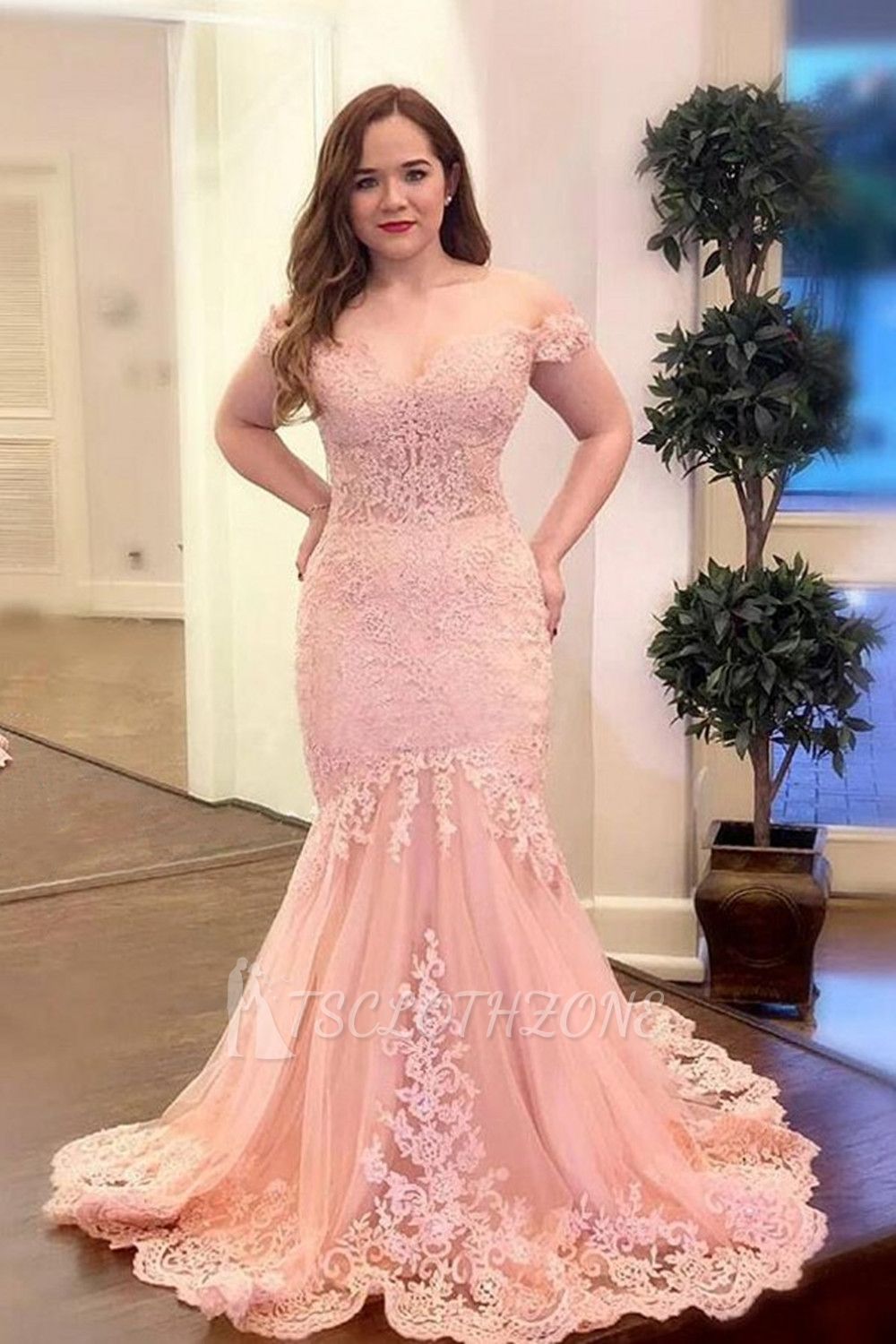 Off Shoulder Pearl Pink Mermaid Evening Prom Dress Lace Appliques Wedding Gowns