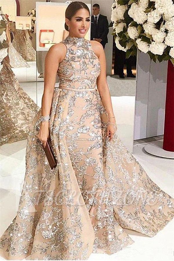 Silver Beading Lace Appliques Sexy Sleeveless Prom Dresses | Overskirt Champagne Evening Gown