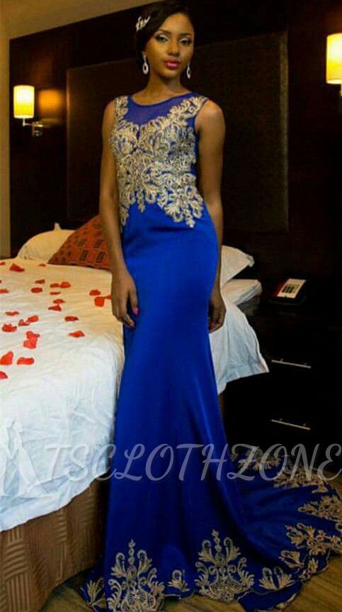 Royal Blue Sleeveless Prom Dresses 2022 | Mermaid Champagne Gold Lace Appliques Evening Gown